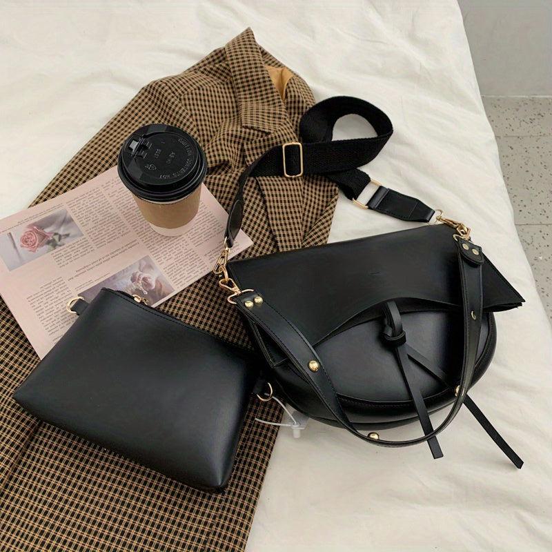 Vintage Minimalist Saddle Bag Solid Shoulder Bag With Crossbody Bag