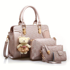 4pcs Set PU Leather Tote Crossbody Clutch Purse Large Capacity Shoulder Bag