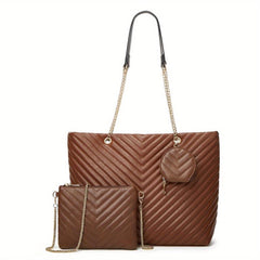 3pcs Faux Leather Tote Bag Set with Quilted Detail