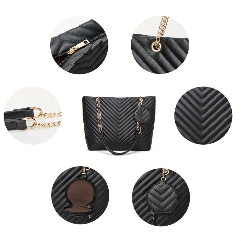 3pcs Faux Leather Tote Bag Set with Quilted Detail