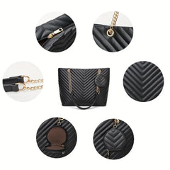 3pcs Faux Leather Tote Bag Set with Quilted Detail