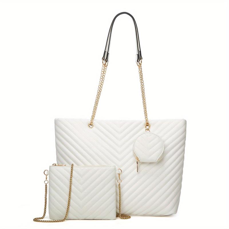 3pcs Faux Leather Tote Bag Set with Quilted Detail