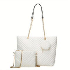 3pcs Faux Leather Tote Bag Set with Quilted Detail