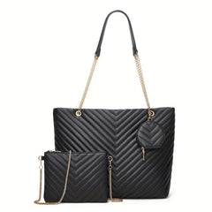 3pcs Faux Leather Tote Bag Set with Quilted Detail
