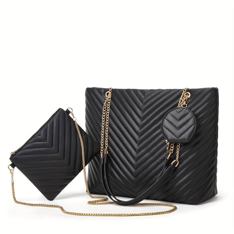 3pcs Faux Leather Tote Bag Set with Quilted Detail