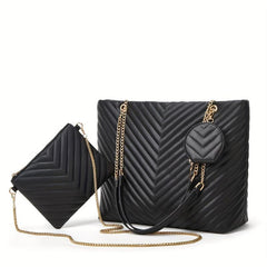 3pcs Faux Leather Tote Bag Set with Quilted Detail