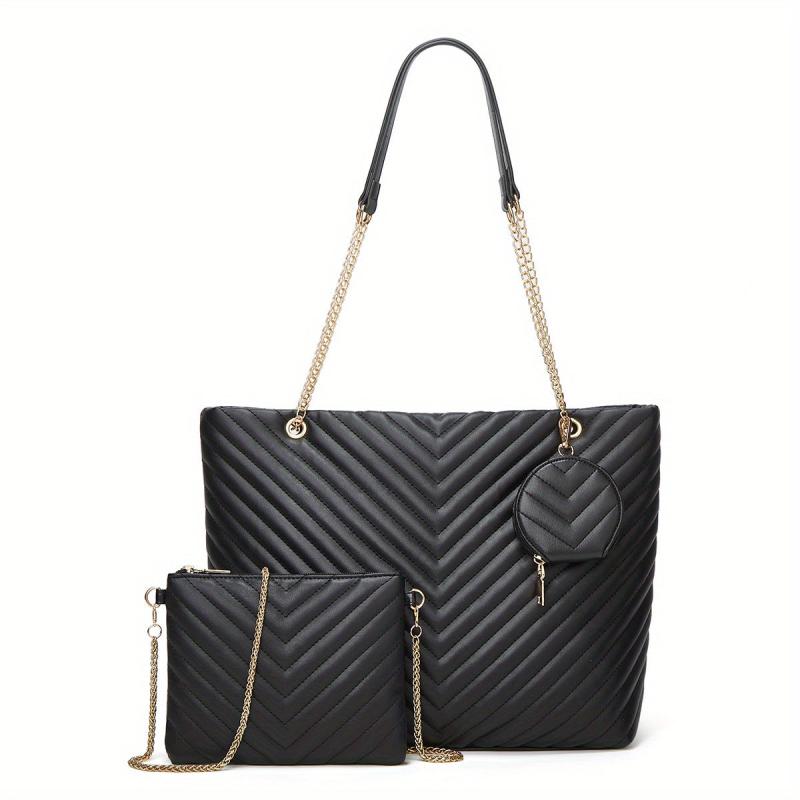 3pcs Faux Leather Tote Bag Set with Quilted Detail