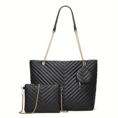 3pcs Faux Leather Tote Bag Set with Quilted Detail