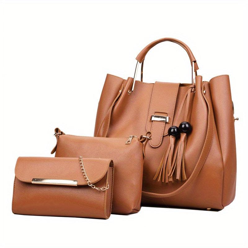 Tassel Decor Casual Bag Sets Solid Detachable Strap Three Pieces Bag Sets