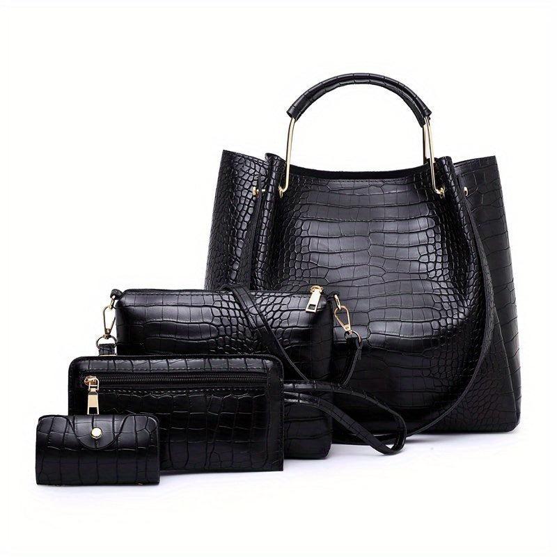4pcs Crocodile Pattern Tote Clutch Inner Bag Set PU Leather Versatile Commuter