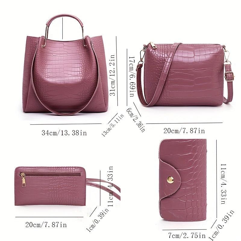 4pcs Crocodile Pattern Tote Clutch Inner Bag Set PU Leather Versatile Commuter