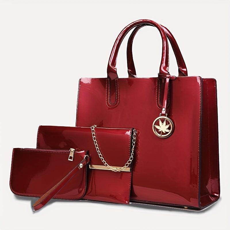 3pcs Patent Leather Bag Sets Women's Crossbody Tote Bag Clutch Purse Wallet