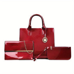 3pcs Patent Leather Bag Sets Women's Crossbody Tote Bag Clutch Purse Wallet