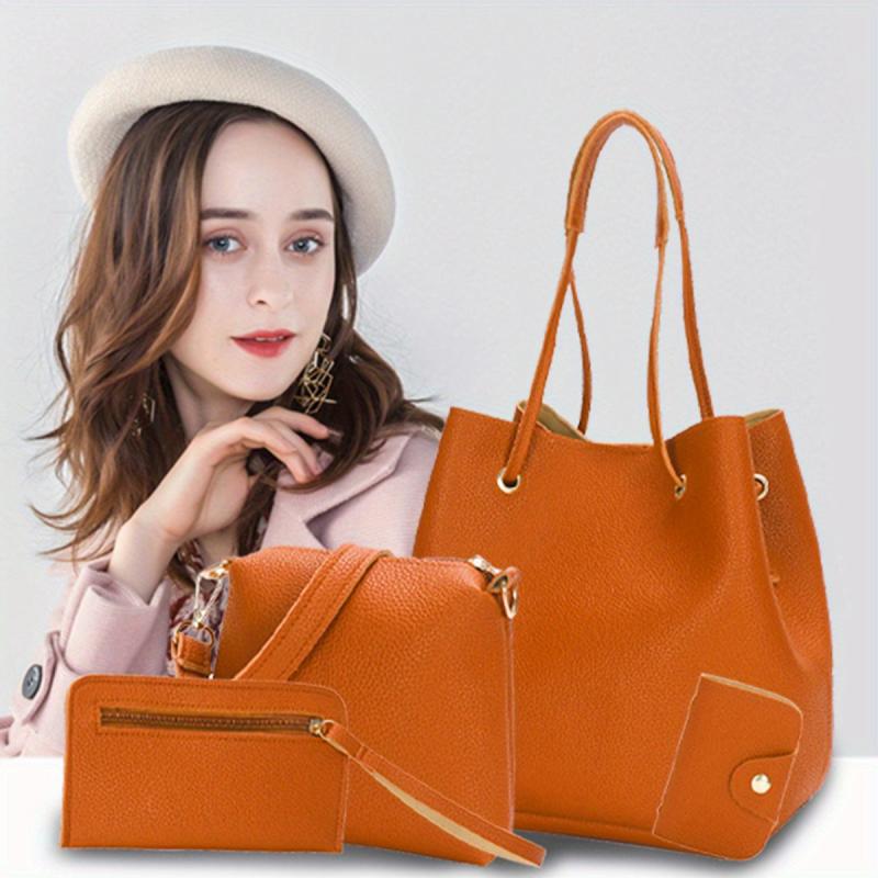 4 Pcs Solid Bag Sets Shoulder & Crossbody & Clutch & Card Case