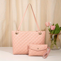 Women's Minimalist Quilted Tote Shoulder Bag Solid Color with Coin Purse