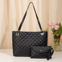 Women's Minimalist Quilted Tote Shoulder Bag Solid Color with Coin Purse