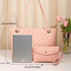Women's Minimalist Quilted Tote Shoulder Bag Solid Color with Coin Purse