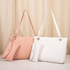 Women's Minimalist Quilted Tote Shoulder Bag Solid Color with Coin Purse