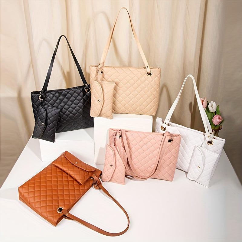 Women's Minimalist Quilted Tote Shoulder Bag Solid Color with Coin Purse