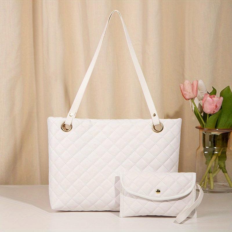 Women's Minimalist Quilted Tote Shoulder Bag Solid Color with Coin Purse