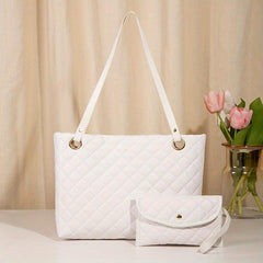Women's Minimalist Quilted Tote Shoulder Bag Solid Color with Coin Purse