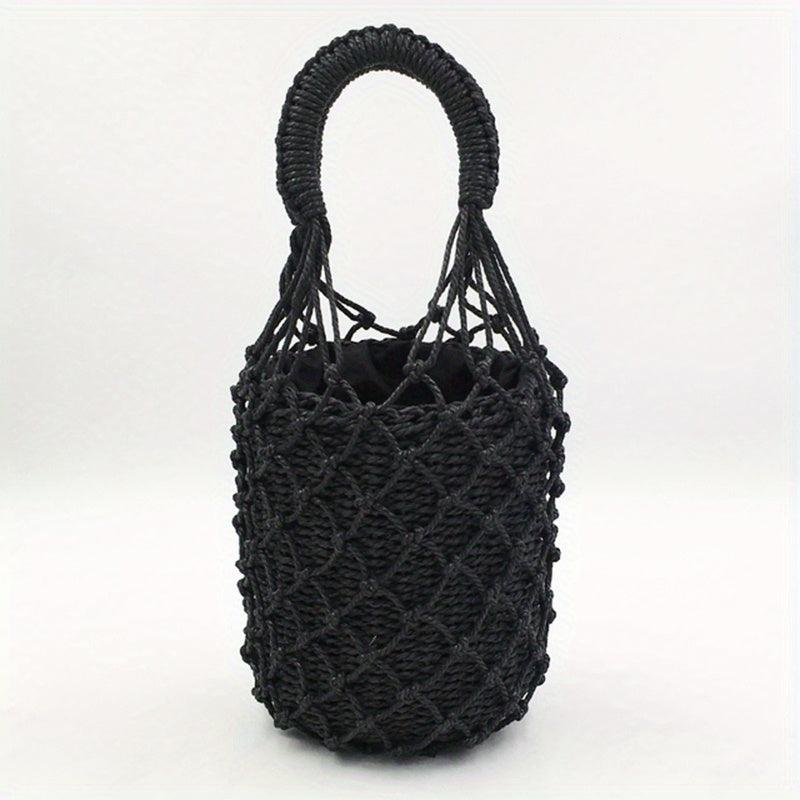 Woven Straw Drawstring Handbag Rattan Net Weaving Bucket Bag