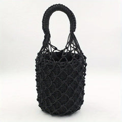 Woven Straw Drawstring Handbag Rattan Net Weaving Bucket Bag