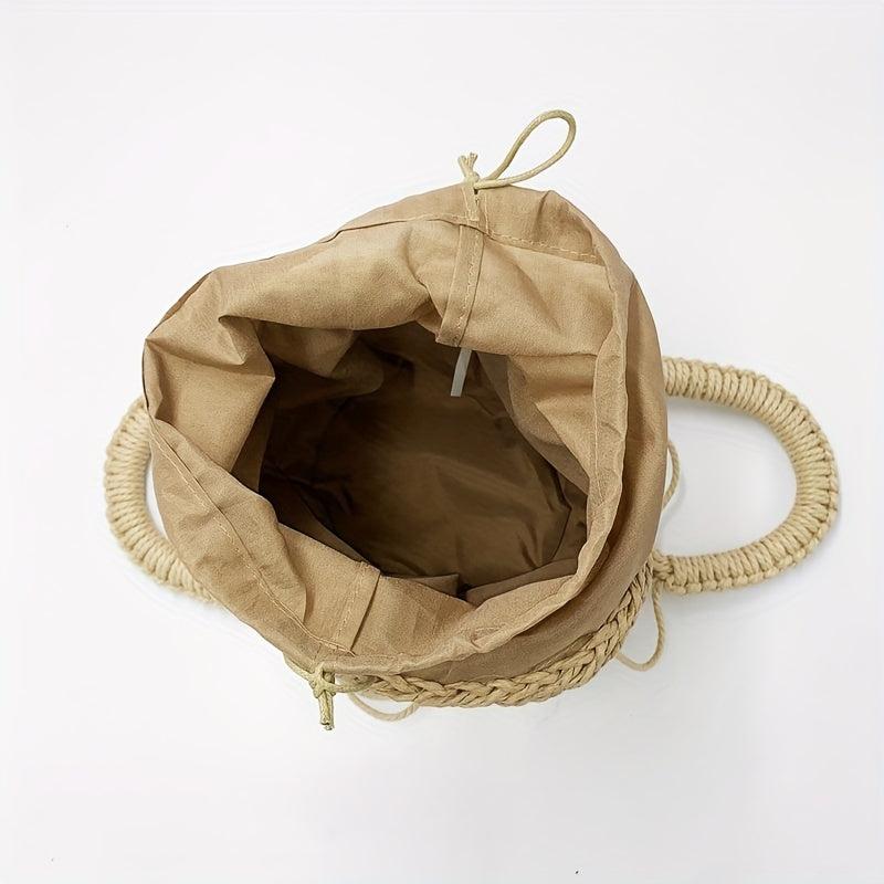 Woven Straw Drawstring Handbag Rattan Net Weaving Bucket Bag