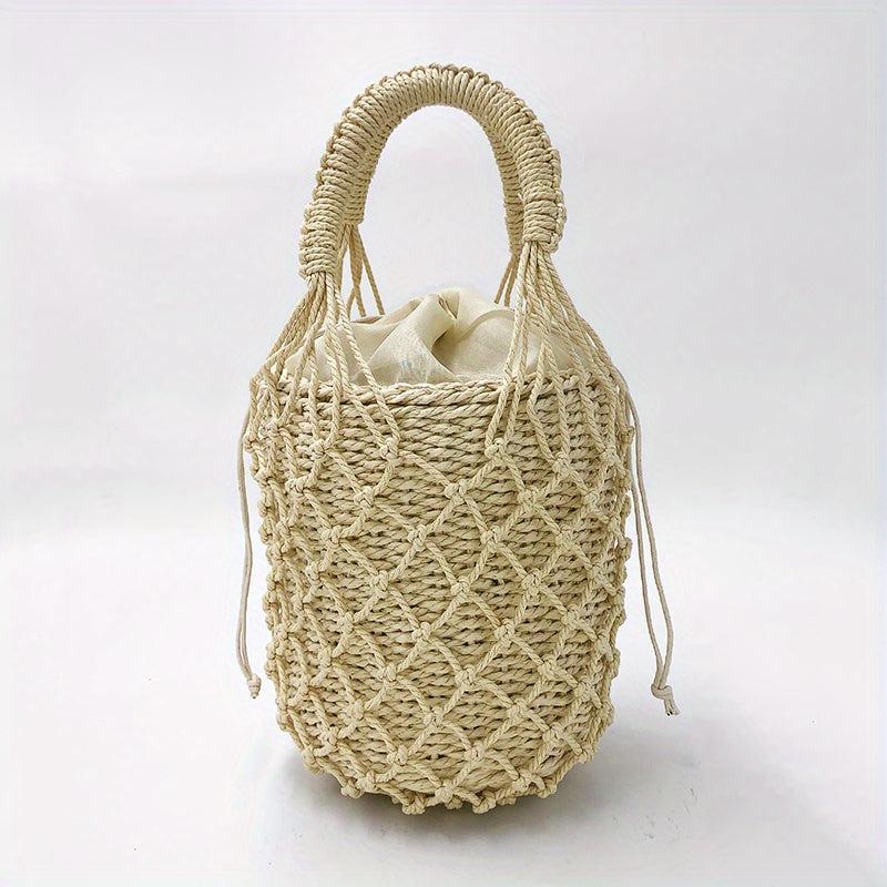 Woven Straw Drawstring Handbag Rattan Net Weaving Bucket Bag