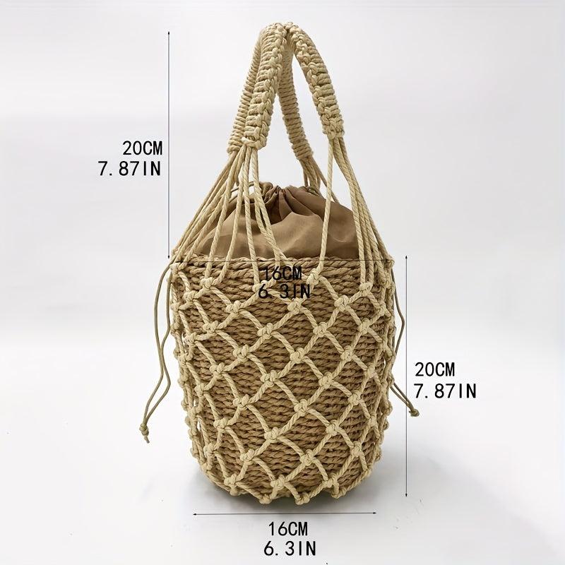 Woven Straw Drawstring Handbag Rattan Net Weaving Bucket Bag