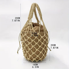 Woven Straw Drawstring Handbag Rattan Net Weaving Bucket Bag