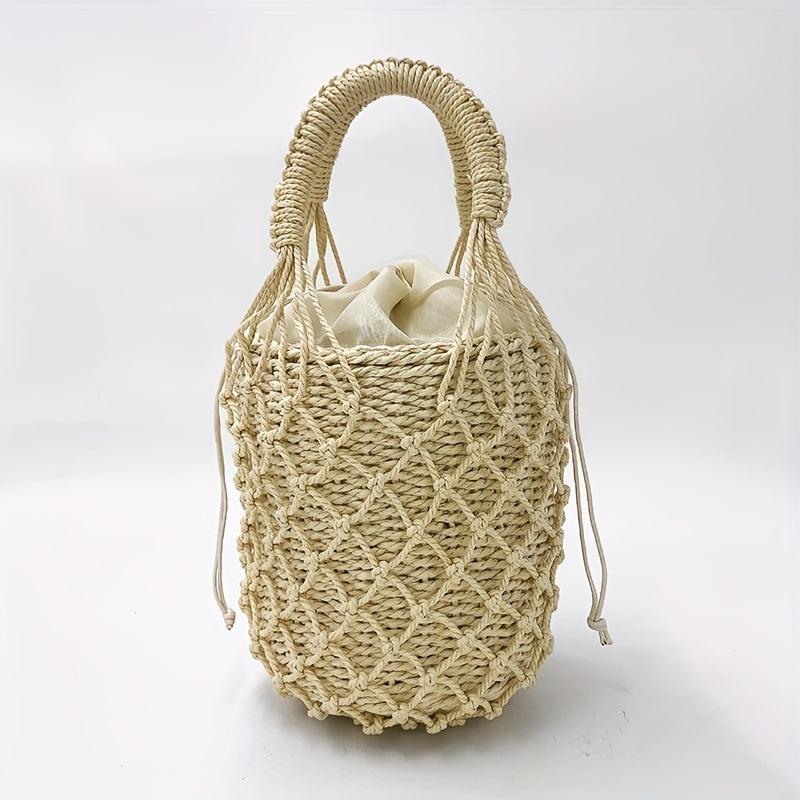 Woven Straw Drawstring Handbag Rattan Net Weaving Bucket Bag