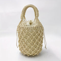 Woven Straw Drawstring Handbag Rattan Net Weaving Bucket Bag