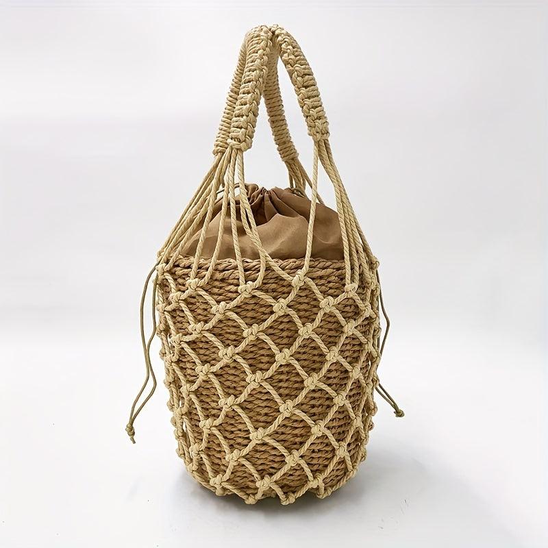 Woven Straw Drawstring Handbag Rattan Net Weaving Bucket Bag