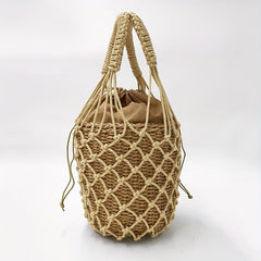Woven Straw Drawstring Handbag Rattan Net Weaving Bucket Bag