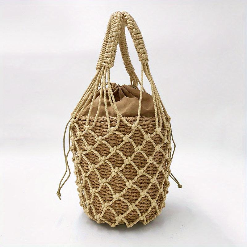 Woven Straw Drawstring Handbag Rattan Net Weaving Bucket Bag