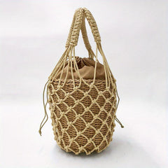 Woven Straw Drawstring Handbag Rattan Net Weaving Bucket Bag