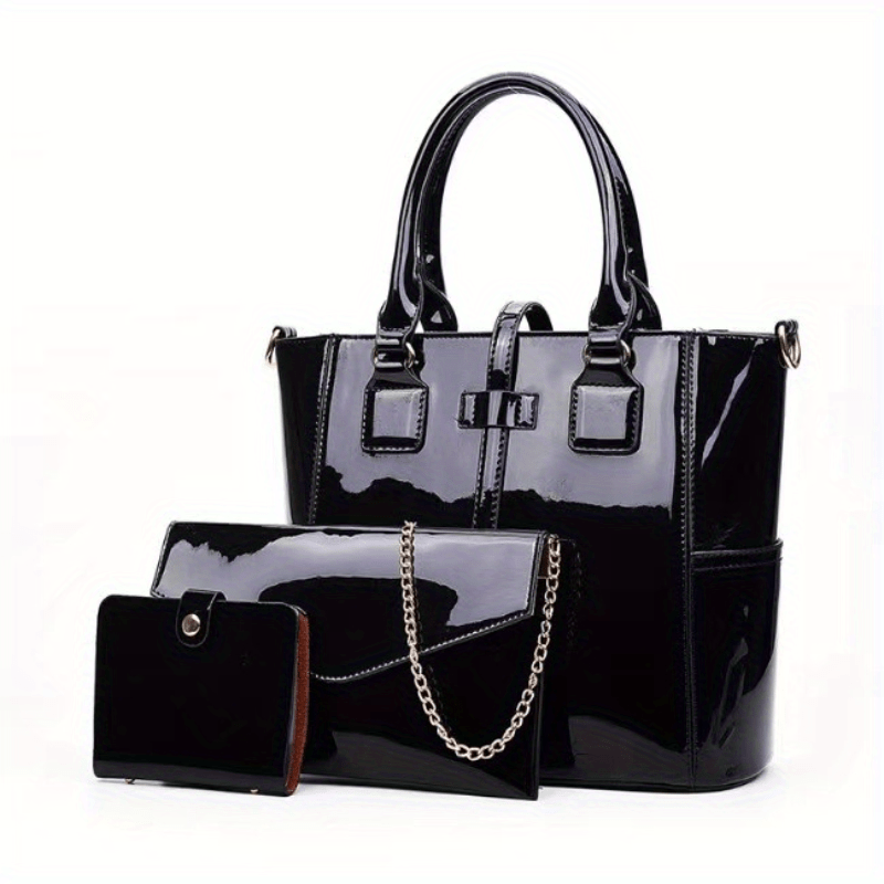 Patent Leather Hand Tote Bag Set with Clutch & Card Purse