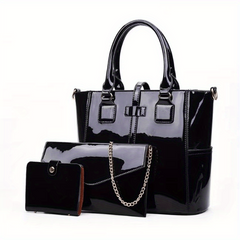 Patent Leather Hand Tote Bag Set with Clutch & Card Purse