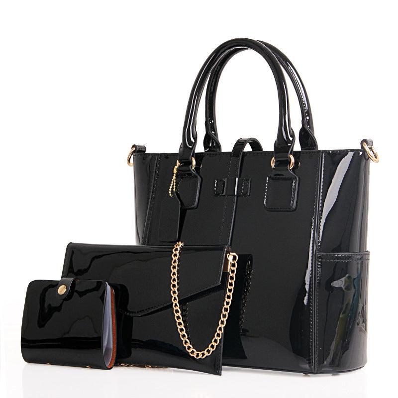 Patent Leather Hand Tote Bag Set with Clutch & Card Purse