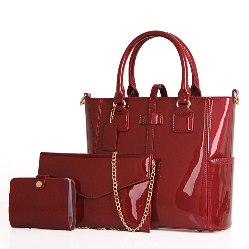Patent Leather Hand Tote Bag Set with Clutch & Card Purse