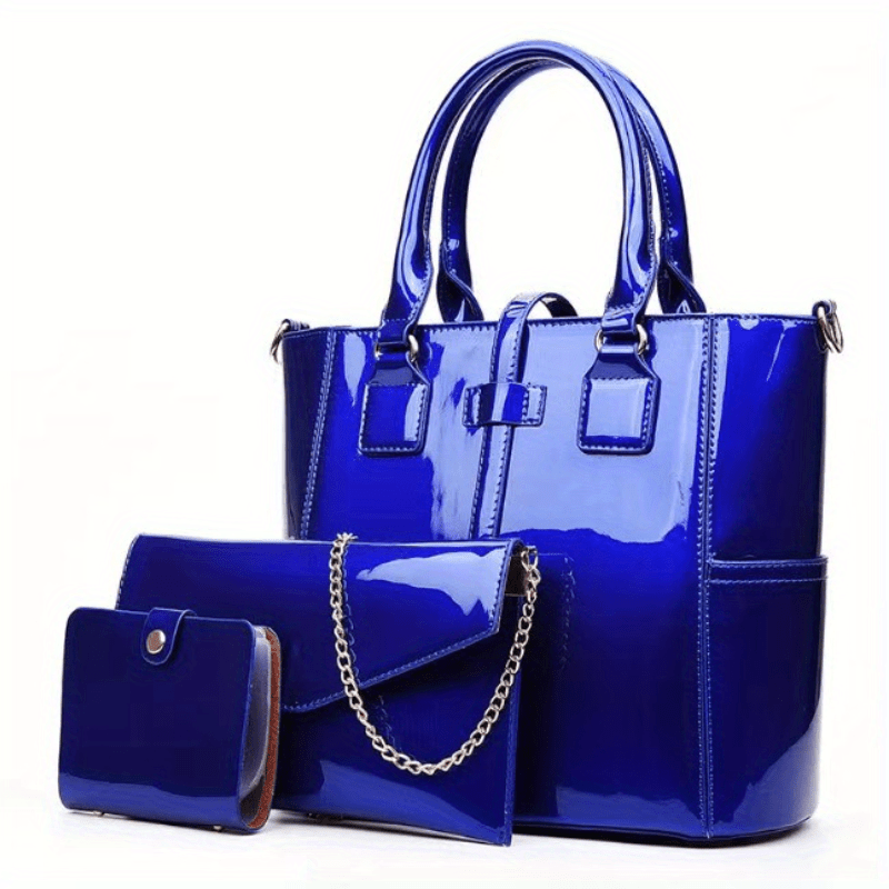 Patent Leather Hand Tote Bag Set with Clutch & Card Purse