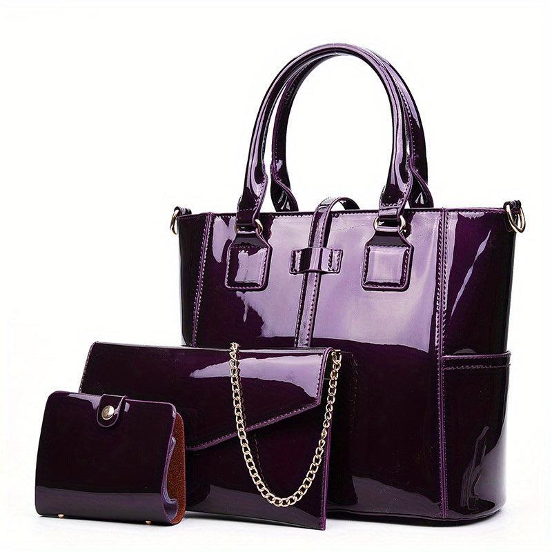 3Pcs Patent Leather Bag Set with Chain Crossbody Bag & Clutch Purse