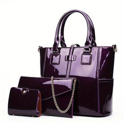 3Pcs Patent Leather Bag Set with Chain Crossbody Bag & Clutch Purse