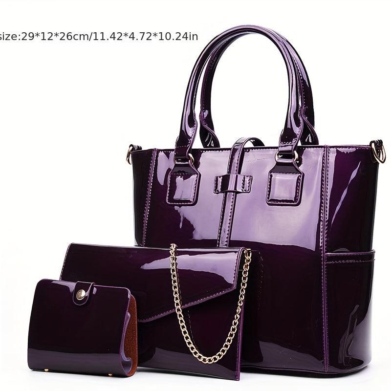 3Pcs Patent Leather Bag Set with Chain Crossbody Bag & Clutch Purse