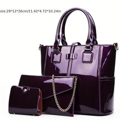 3Pcs Patent Leather Bag Set with Chain Crossbody Bag & Clutch Purse