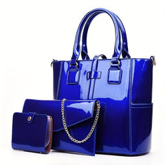 3Pcs Patent Leather Bag Set with Chain Crossbody Bag & Clutch Purse