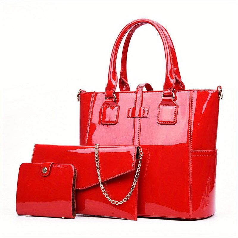 3Pcs Patent Leather Bag Set with Chain Crossbody Bag & Clutch Purse