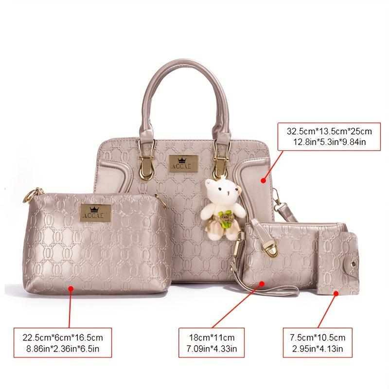 4 Pcs Geometric Pattern Bag Set Quilted Tote Bag With Purses Bear Pendant