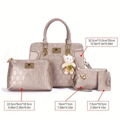 4 Pcs Geometric Pattern Bag Set Quilted Tote Bag With Purses Bear Pendant
